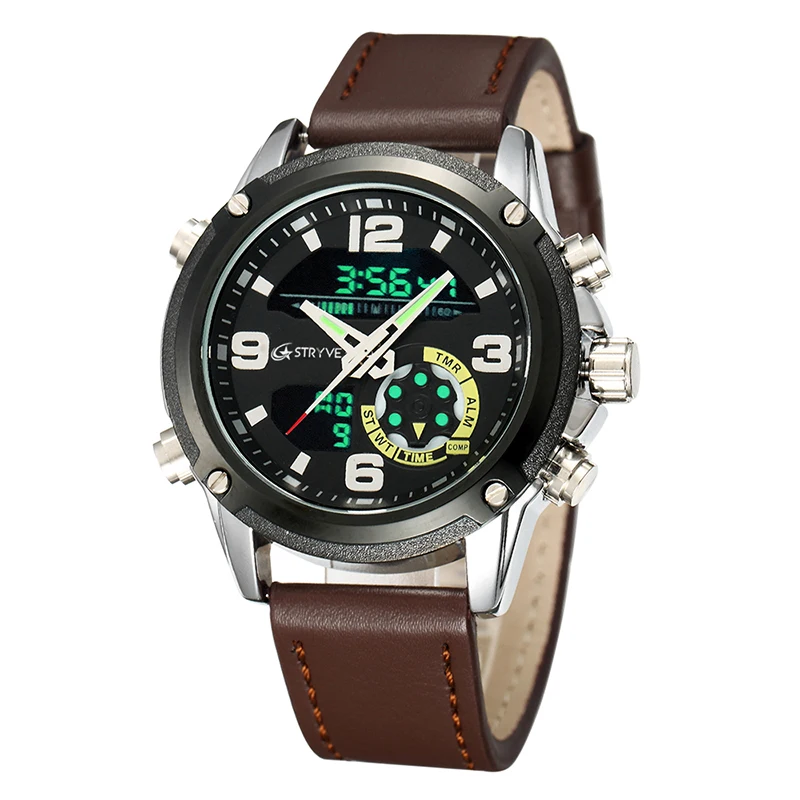 2019 Stryve Brand New Men Military Leather Sports Luminous Clock Luxury Dual Time Quartz Digital Watches Waterproof Reloj Hombre