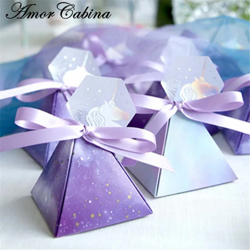 

Baby shower Purple Triangular Pyramid Star Sky Wedding Favors Candy Boxes Bomboniera Party Gift Box Chocolate Box+ Ribbons+Tags