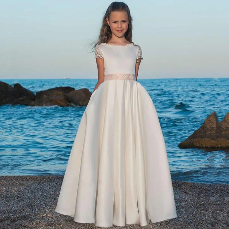 Vestidos de desfile de manga corta para niñas, vestidos de primera comunión para niñas, vestidos de flores, línea A de satén blanco