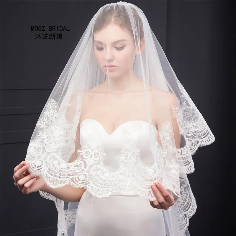 Bridal Veil Cathedral Length Lace Edge Real Pictures BeadsCrystals Decoration 2T 3M Bling bling Wedding Veils Covered Face 2017