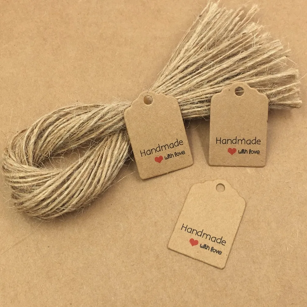 200pcs 3x2cm Kraft Paper Handmade Gift Tags With Strings,Wedding Packing Labels Love Paper Card/Price tags,Handmade Hang tags