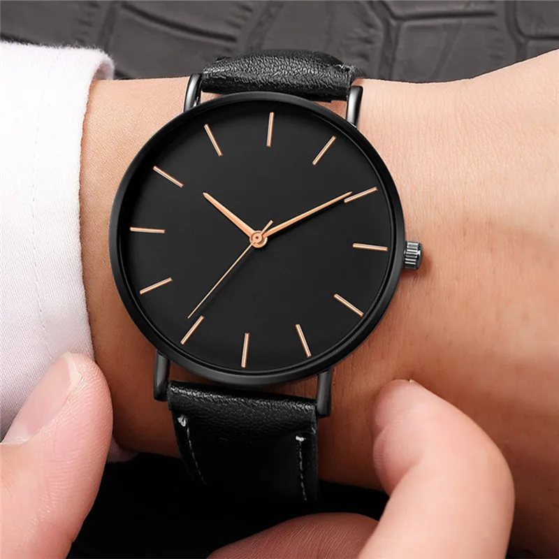 Business Men Simple Shockproof Watches Custom Color Drop Shipping Waterproof Leather Wristwatches Orologio Uomo 2021 Black Clock