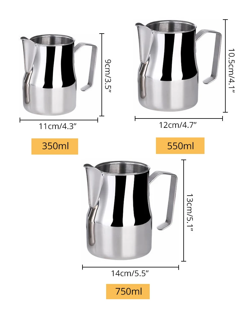 Milk Frothing Pitcher, Stainless Steel Professional Milk Jugs With Rounded Spout, 350/550/750ml