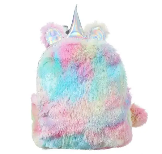 Mini Unicorn Backpack Bags For Women 2022 Winter Faux Fur Small Bagpacks Hologram Leather Teenager Schoolbag Mochila Feminina