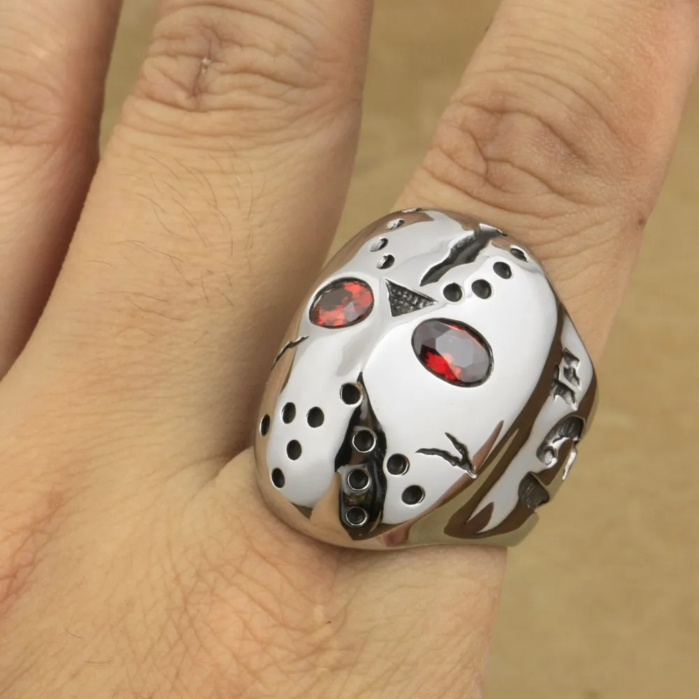 316L Stainless Steel Halloween Jason Hockey Red CZ Eyes Mens Ring 3F301A