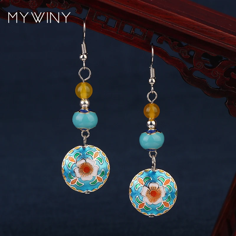 NEW MYWINY Copper jewelry Cloisonne flowers vintage Nepal Tibetan Silver earrings women Chinese wind