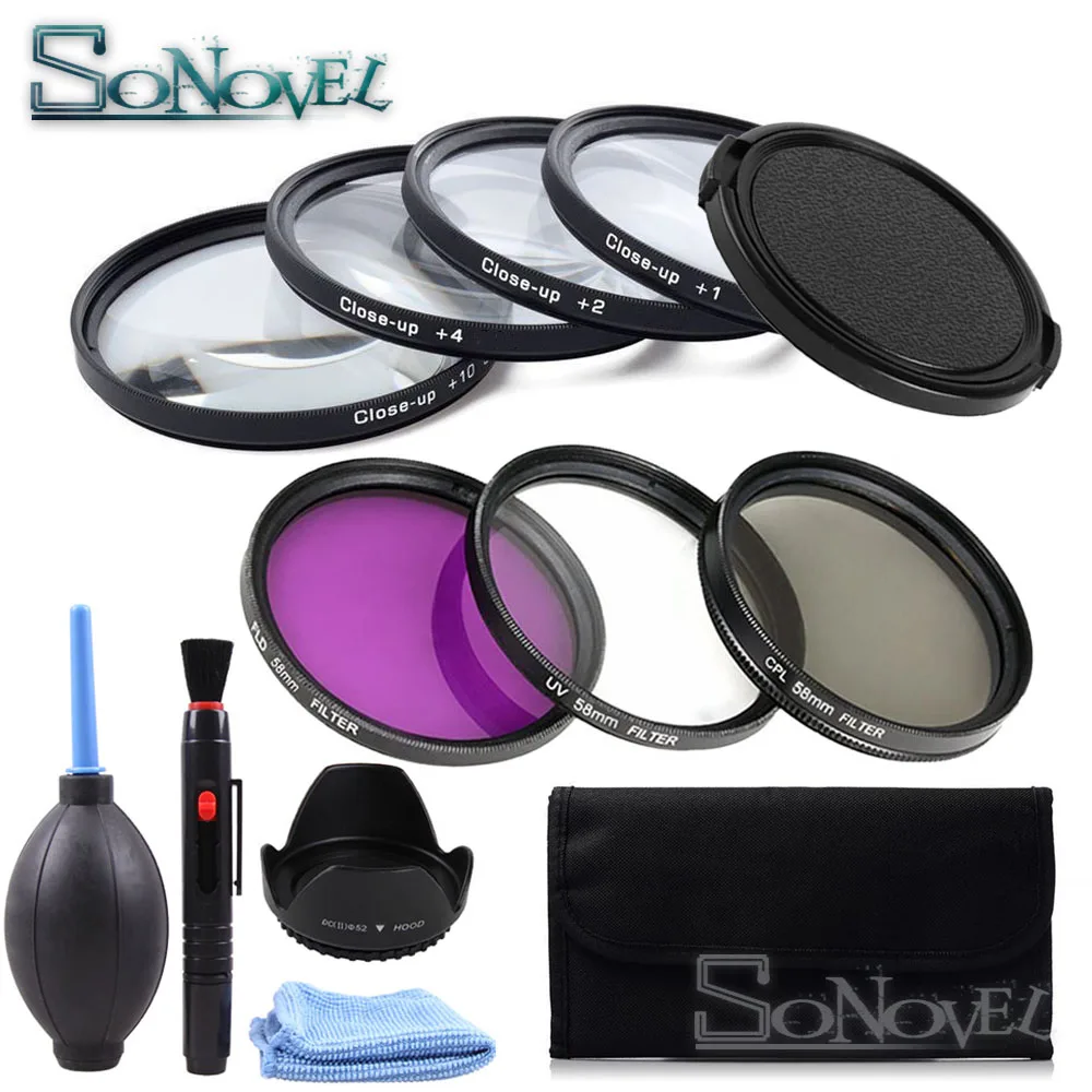 49 52 55 58 62 67 72 77 MM Macro Close-up Filter +1+2+4+10 Set+ UV CPL FLD Camera Lens Filter Kit + Cleaning kit for Canon Nikon