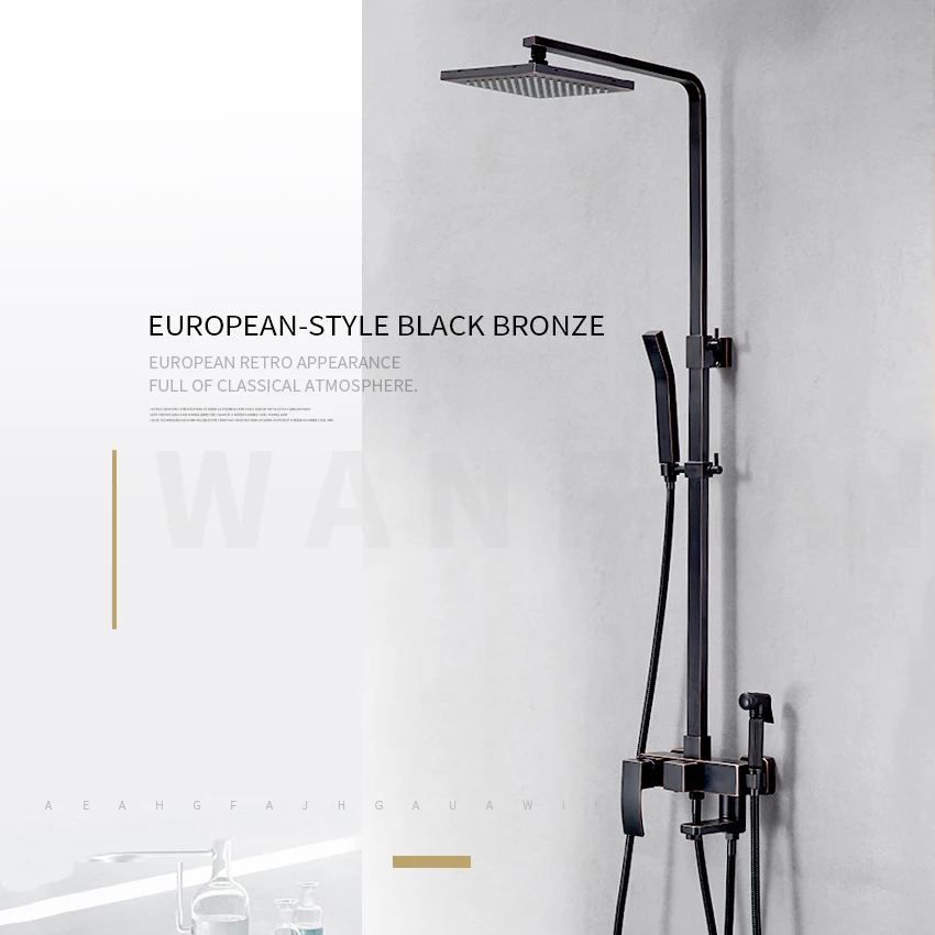 Shower Faucets Brass Black Bathtub Faucet Square Tube Single Handle Top Rain Shower With Slide Bar Wall Water Mixer Tap 9235R