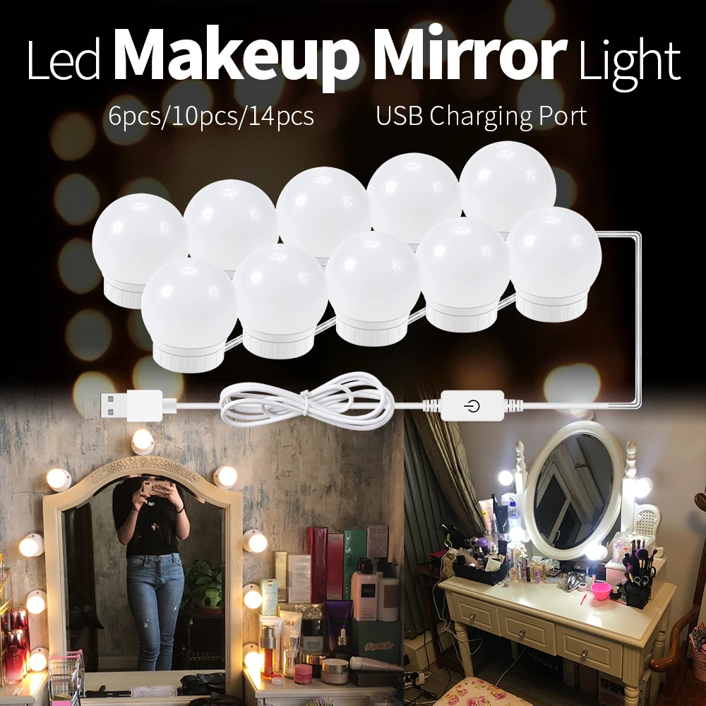 Mirror Light for Make up Led Dressing room Makeup Lamp Dimmable Mirror Bulb USB Led 12V Vanity Lights Bathroom 2 6 10 14 Bulbs