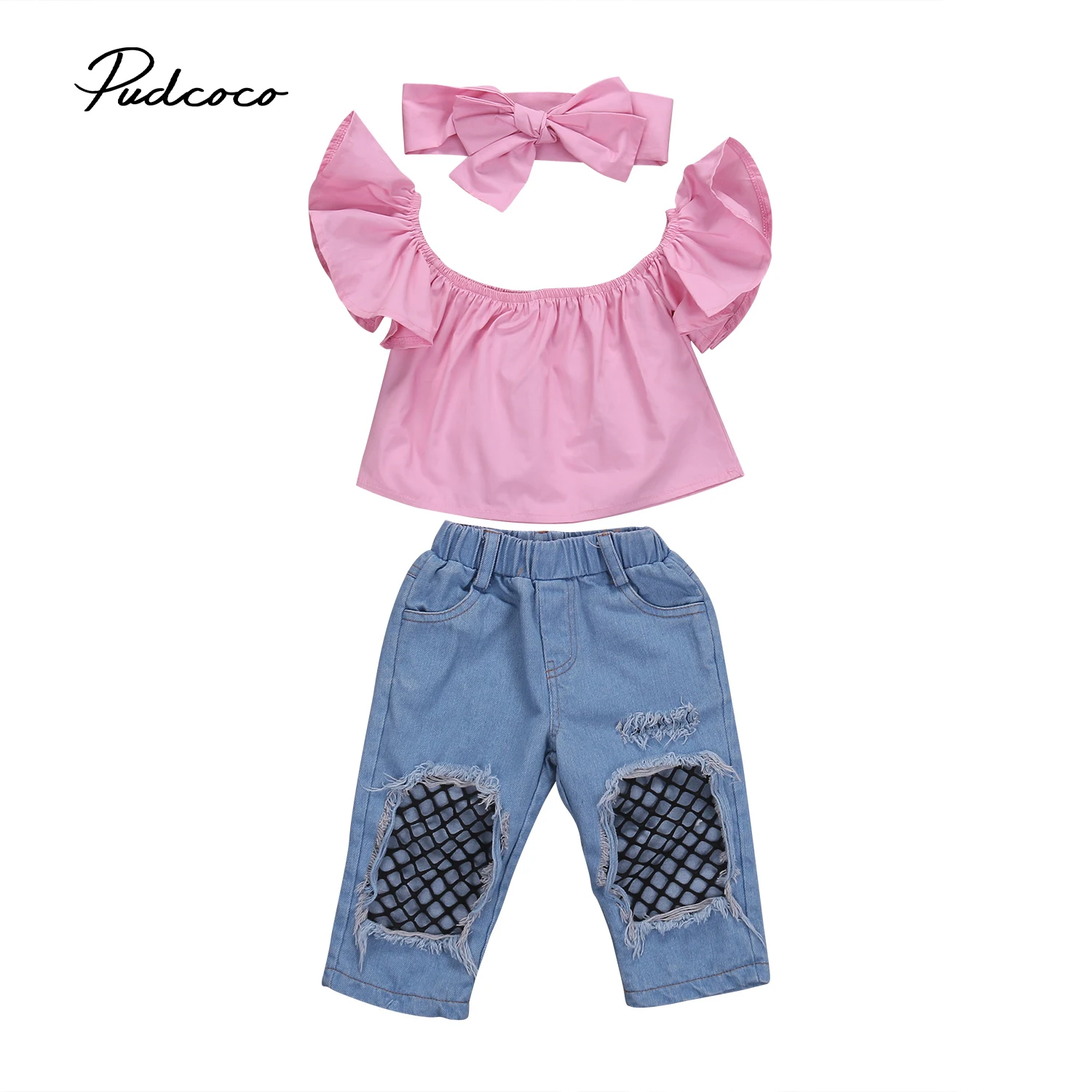 2021 Brand New 3Pcs Kids Baby Girls Toddler Infant Off Shoulder Tops Denim Net Pants Outfits Set Fashion Clothes 1-6T