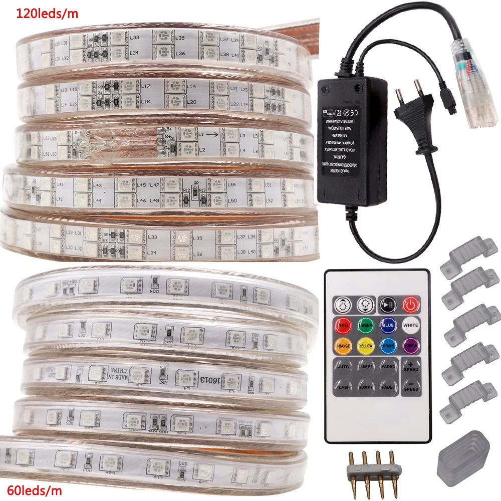 220V 5050 RGB LED Strip Light Waterproof IP67 Silicone Tube 60LEDs/M 120leds/m EU Controller KIT 1m 2m 5m 10m 15m 20m 50m 100m