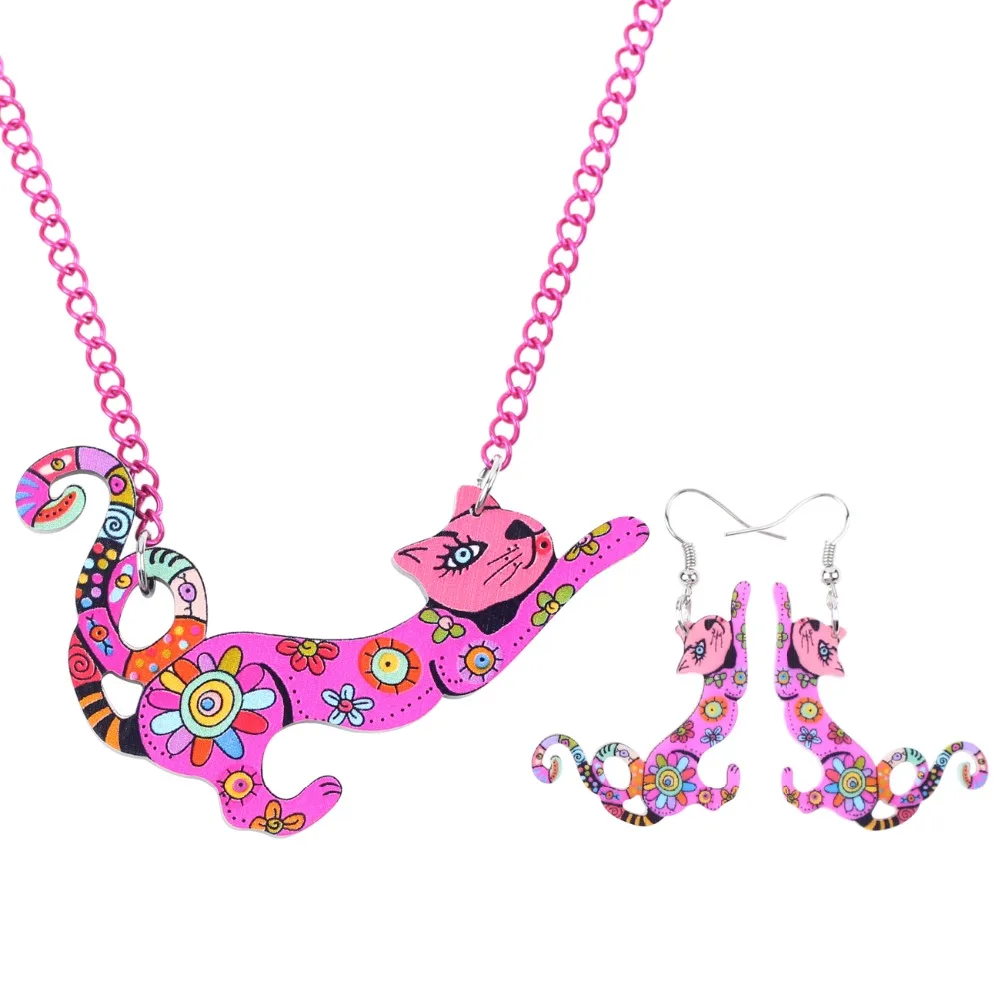 Bonsny Brand Jewelry Sets Acrylic Animal Cat Necklace Earrings Choker Collar Fashion Jewelry New Spring Women Girl Gift