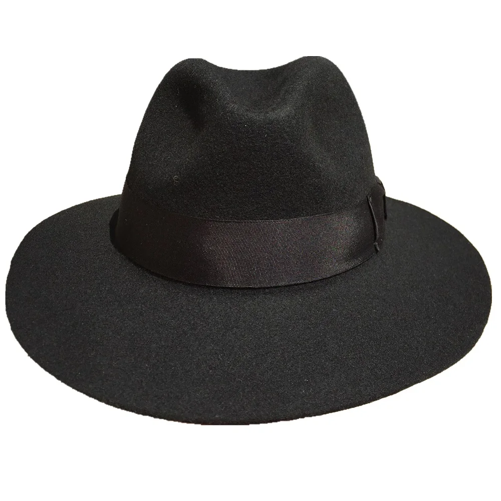 Fashion Black Wool Felt Wide Brim Fedora Hat For Men or Women -7 cm Brim