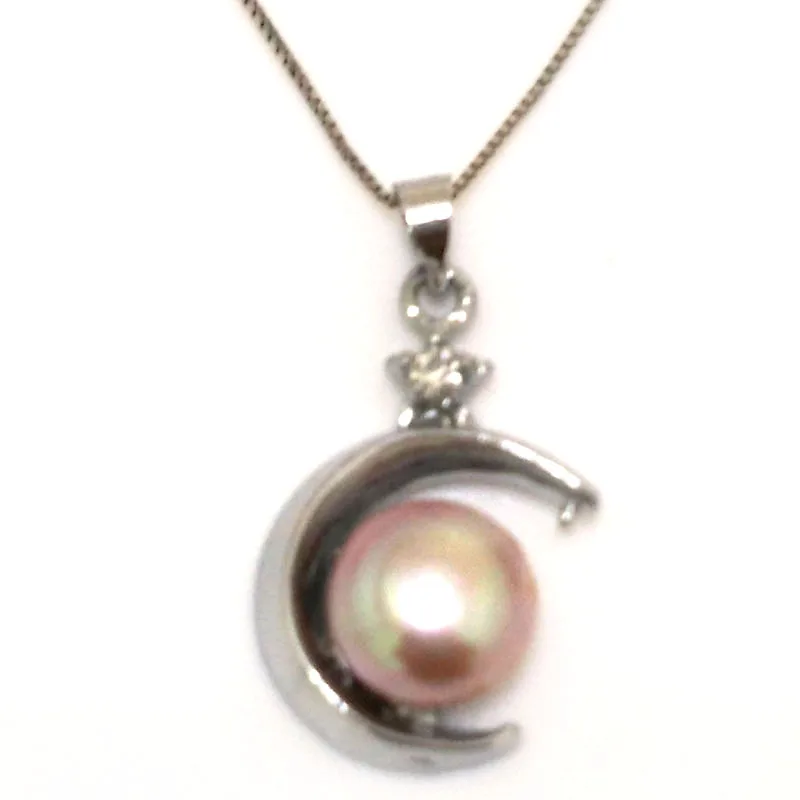 18 inches 10-11mm Natural Lavender Button Pearl Moon Style Sterling Slver Pendent Necklace