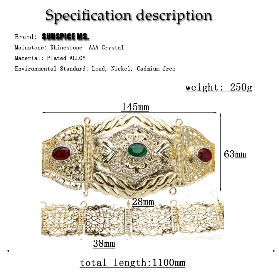 Sunspicems Chic Algeria Morocco Belt Caftan Waist Chain For Women Arab Bride Wedding Jewelry Golden Belt Adjustable Length