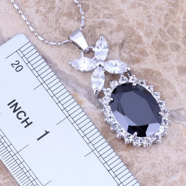 Black Cubic Zirconia White CZ Silver Plated Jewelry Sets Earrings Pendant Ring Size 6 / 7 / 8 / 9 / 10 / 11 / 12 S0038