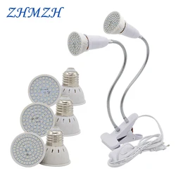 E27 LED Plant Growing Lamp Bulb 110V 220V Flexible Two Head Clip Grow Lamp 60 80LEDs Base Hydroponic Growth Lights Full Spectrum