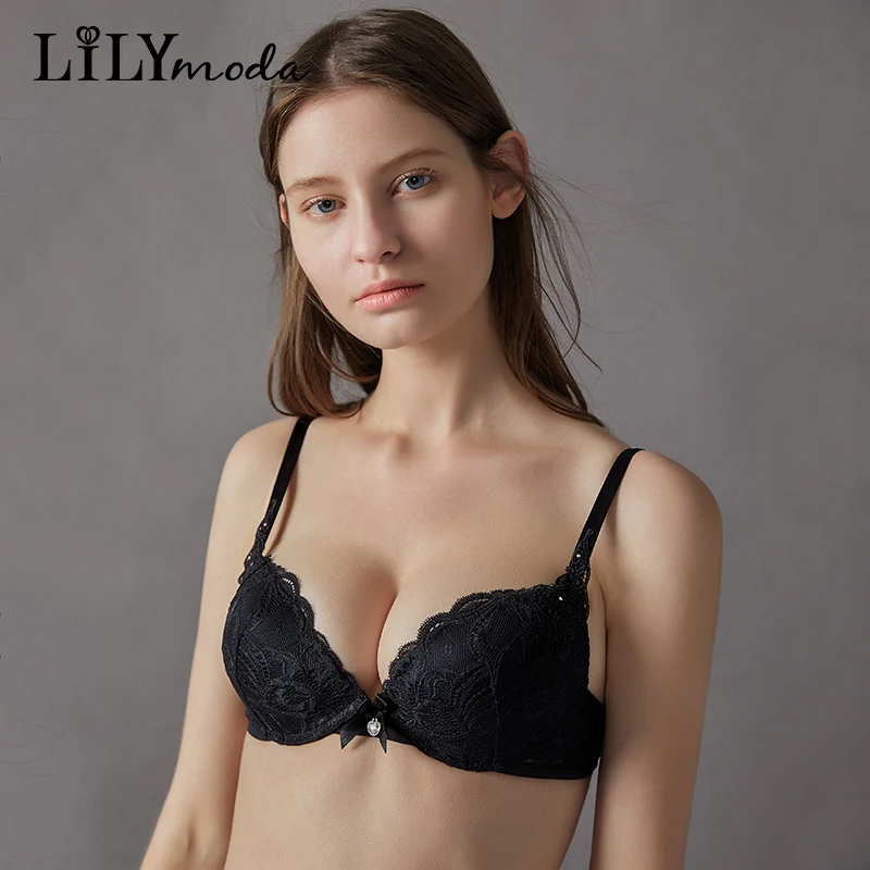 

Lilymoda Women Ladies Sexy Bra 3/4 Cup Push Up Floral Lace Embroidery Rhinestone Decoration Female Lingerie Brassiere Underwear