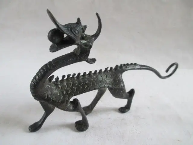 Elaborate Chinese old copper dragon with a ball vintage collectibles auspicious statue