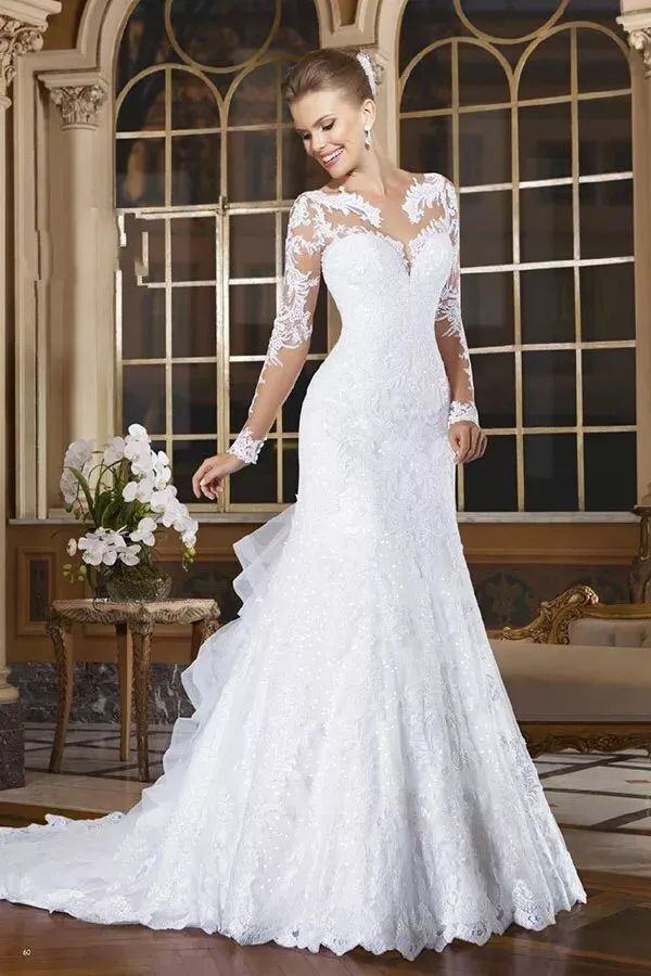 Giá rẻ Đầm Vestido de noiva 2019 Tự Làm Vestidos de novia Tay Dài Ren Nàng Tiên Cá Váy Cưới xù Đuôi Cá Áo Cưới