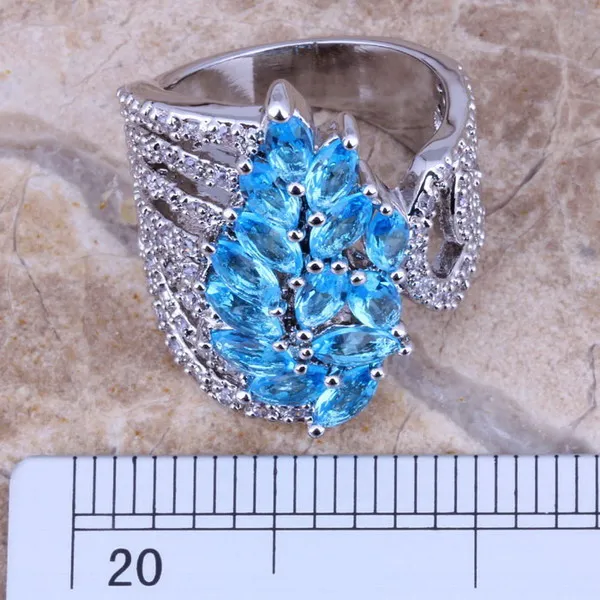 Blue Cubic Zirconia White CZ Silver Plated Ring Size 5 / 6 / 7 / 8 / 9 / 10 / 11 Free S0187