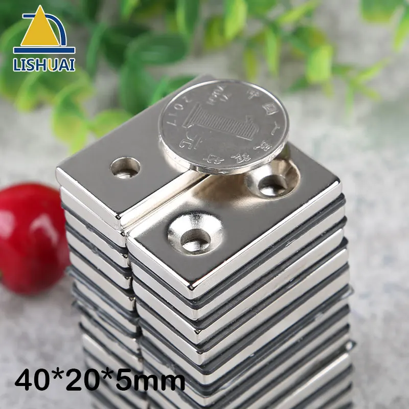 LISHUAI 5PCS/Lot 40*20*5mm hole 5 Neodymium Magnetic Block Countersunk Square Permanent Rare Earth Magnet 40X20X5-5mm