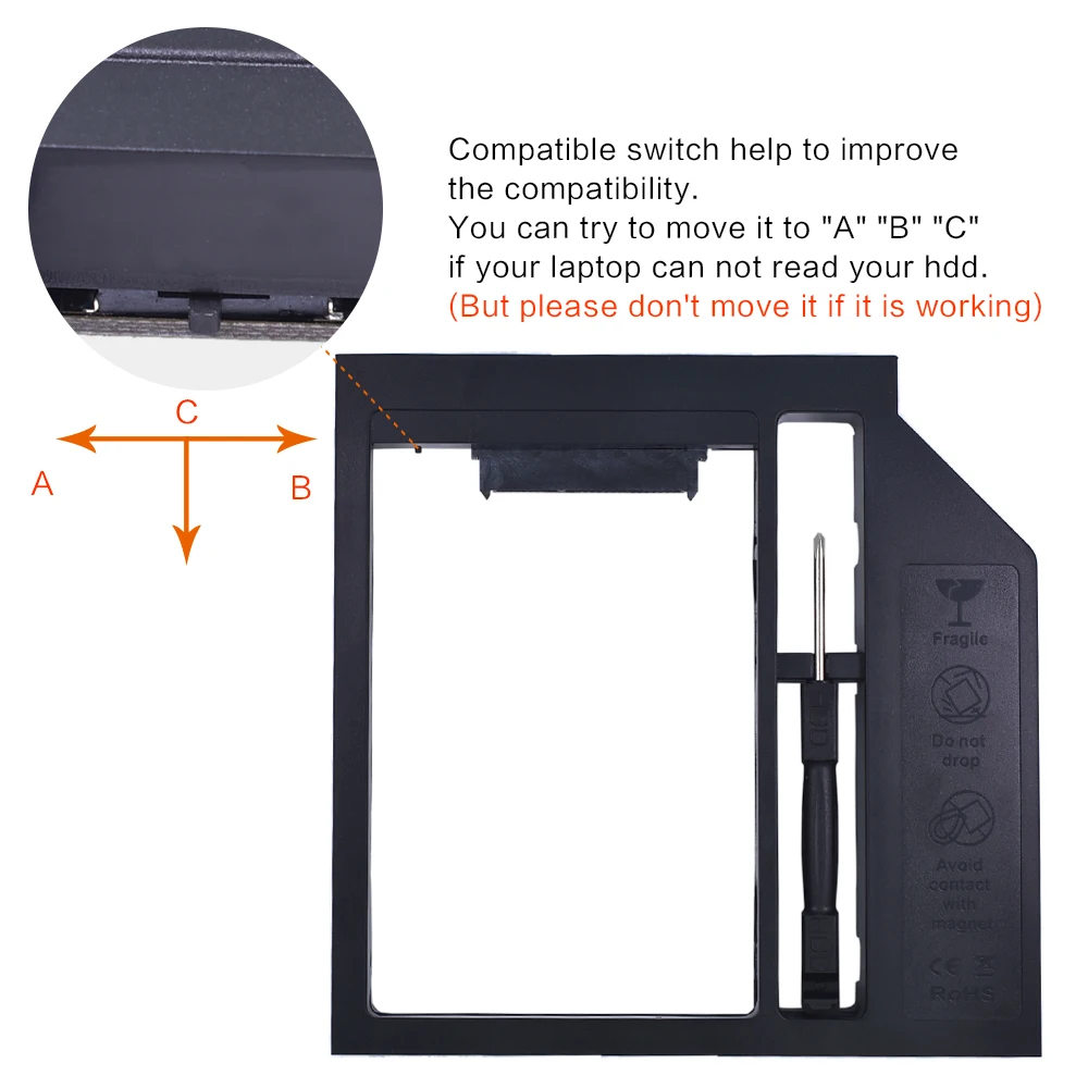 TISHRIC Plastic Optibay 2nd HDD Caddy 9.5mm SATA 3.0 Hard Disk Drive Box Enclosure 2.5 SSD Case DVD Adapter For Laptop CD-ROM