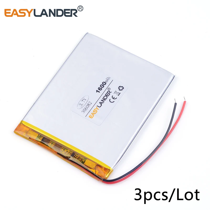 

3pcs /Lot 3.7v lithium Li ion polymer rechargeable battery 306082 1600mAh For GPS PSP DVD PAD e-book tablet pc power bank Naptop