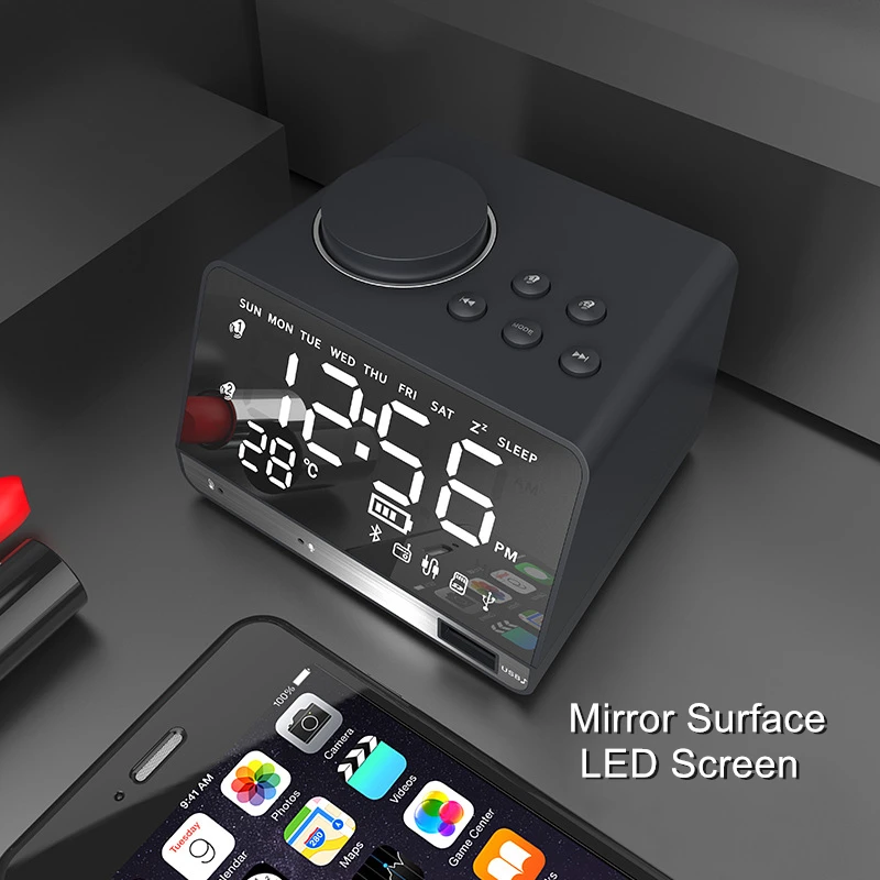 EXRIZU-알람 시계 및 블루투스 스피커 TF 카드 U-디스크 AUX 디지털 미러 디스플레이, FM 라디오베이스 서브 우퍼 사운드 무선 스피커