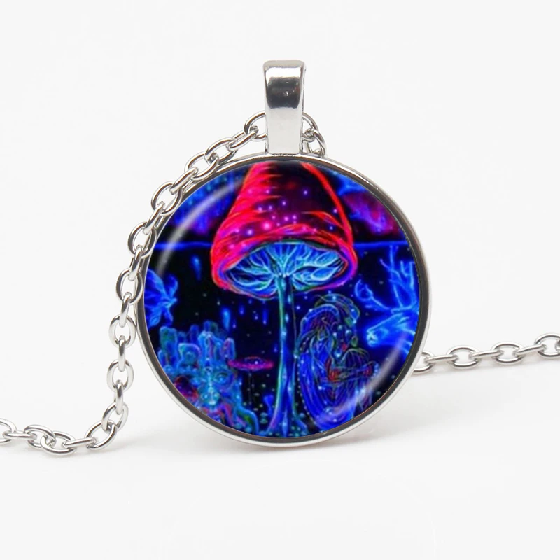 New Cute Psychedelic Mushroom Necklace Plant Art Pendant Natural Woodland Hippie Jewelry Glass Necklace Men Women Jewelry Gift