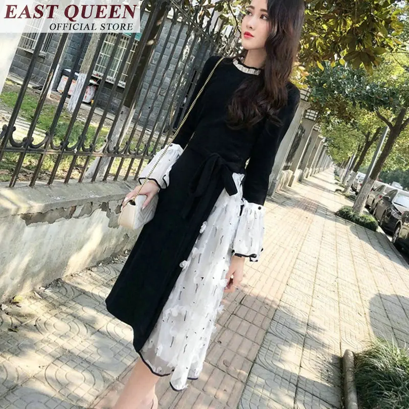 

Women high quality spring dress 2018 o-neck three quarter butterfly sleeve solid dresses high waist ladies dress sashes DD636 L