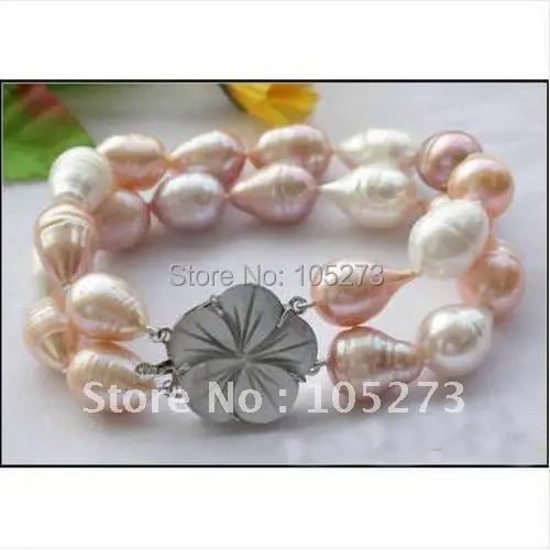 

2Row AA 12-15MM White Pink Purple Drip Freshwater Pearl Bracelet Sea Shell Flower Clasp Fashion Jewelry New Free Shipping FN2104