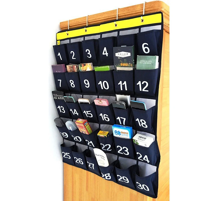 30 Pockets Classroom Pocket Chart for Storage Cell Phones with 4 Hooks Used In Class&exams Hanging Storage Bags