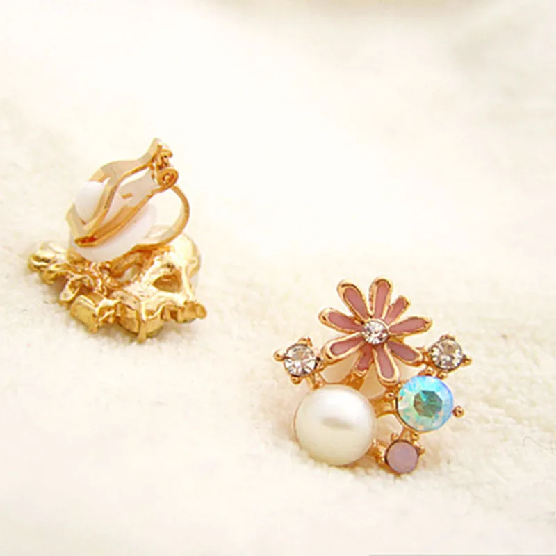 JIOFREE Flower style women\'s pearl earrings clips plated gold clip on earrings crystal ear clip without pierced high quality