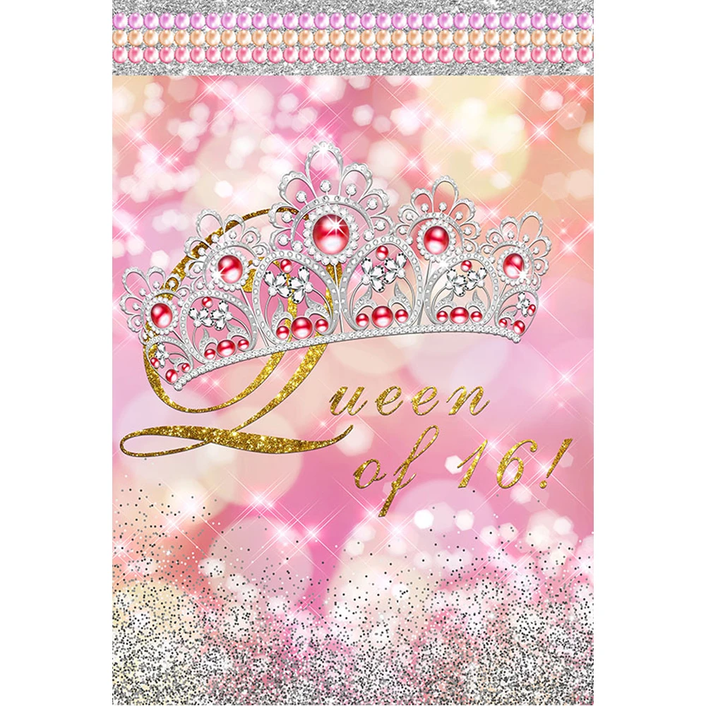 

Queen of 16 Birthday Party Backdrop Printed Crystal Tiara Bokeh Polka Dots Princess Girl Sixteen Photography Backgrounds Pink