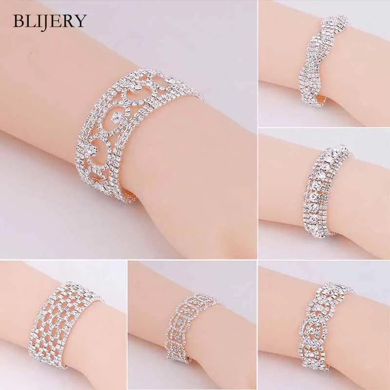 BLIJERY New Fashion Crystal Bracelets For Women Silver Color Rhinestone Statement Bracelets & Bangles Femme Wedding Prom Jewelry