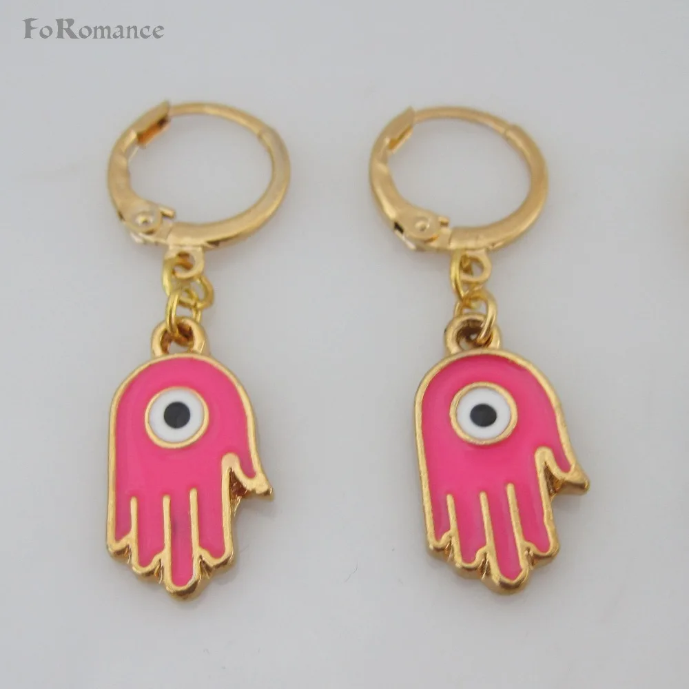 Foromance  YELLOW GOLD COLOR DANGLE HAND HASMA EVIL EYE SHAPED 1.46 INCH  LONG EARRING GREEN BLUE PINK