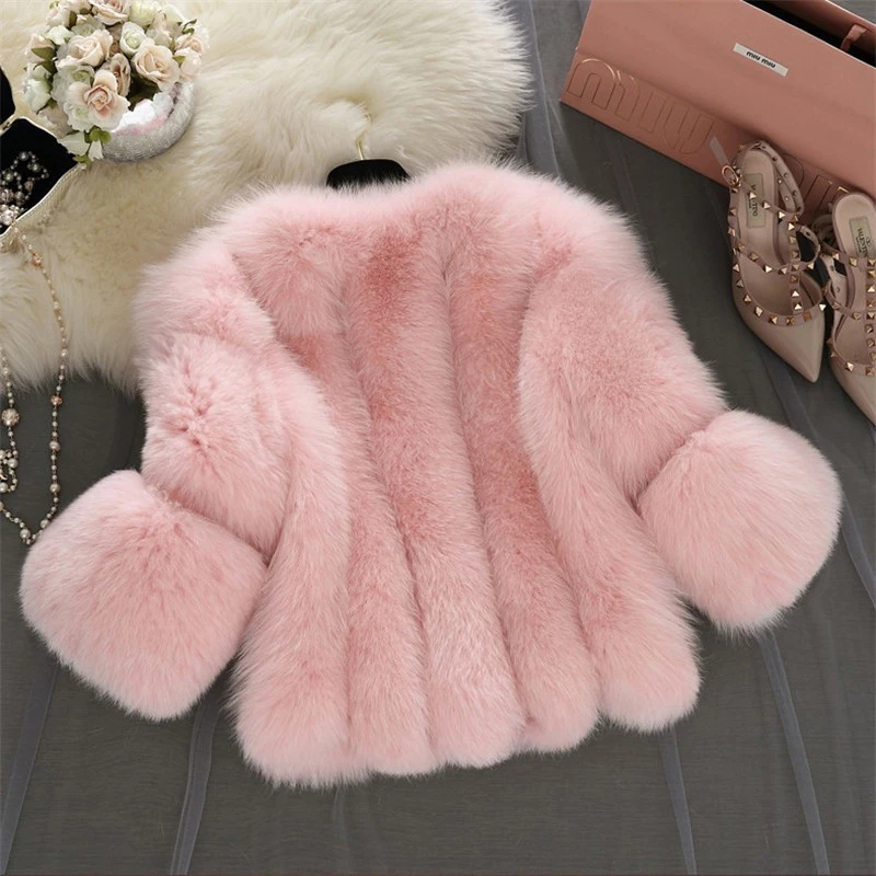 New S-4XL Winter Luxury Faux Fox Fur Coat women Slim Long Pink Red Blue Faux Fur Jacket Women Fake Fur Short Coats Female H701