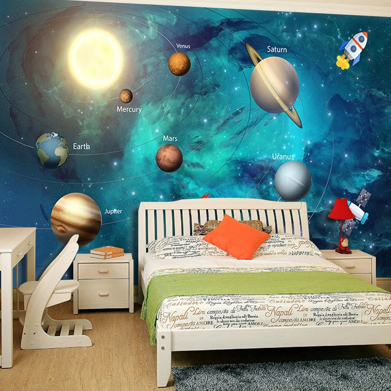 

3D Wallpaper Space Universe Children Room bedroom Starry Sky Planet Wallpaper 3D Stereo Cartoon Mural Papel De Parede 3D Fresco