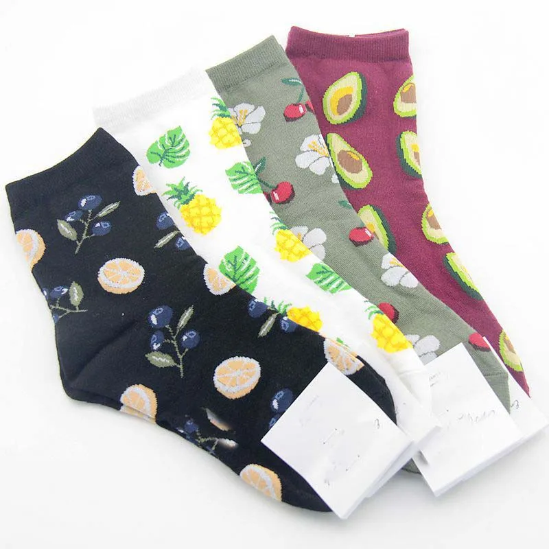 [COSPLACOOL]Korean Fresh Fruits Socks Lemon Avocado Pineapple Cherry Blueberry Orange Gardenias Flamingos Plumerias Women Socks