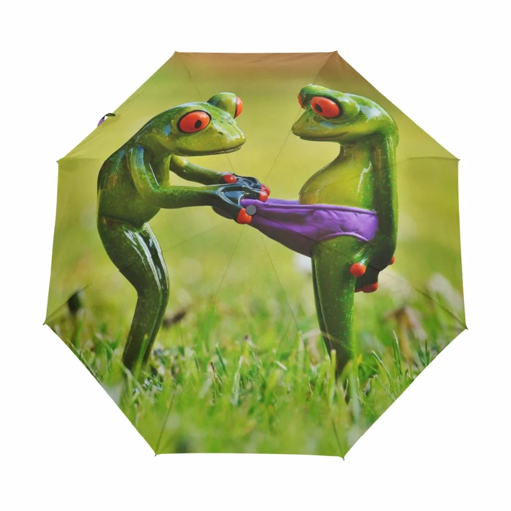 

Funny Frog Print Umbrella Rain Women Automatic 3 Folding Umbrella Inside Black Coating Anti-UV Umbrella Travel Outdoor Parasol