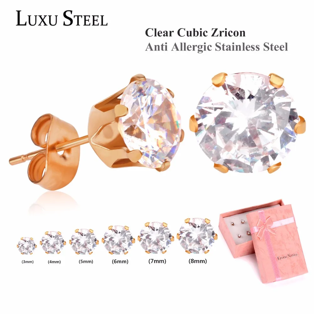 LUXUSTEEL Rose Golden Color Earrings aretes Brinco Stainless Steel Round Cubic Zirconia 6pairs box Stud Earring Sets Wedding