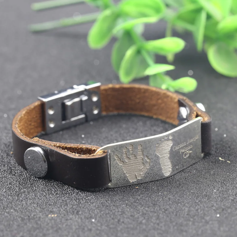 Custom Men Bangle Genuine Leather With 925 Solid Silver Bar Engraved Hand Foot Logo For Men Christmas Gift