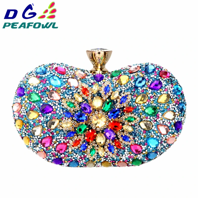 DG – pochette en forme de fleur de paon pour femme, sac à main de luxe avec chaîne en cristal, 5 couleurs, deux côtés, portefeuille à bandoulière en diamant pour soirée et mariage