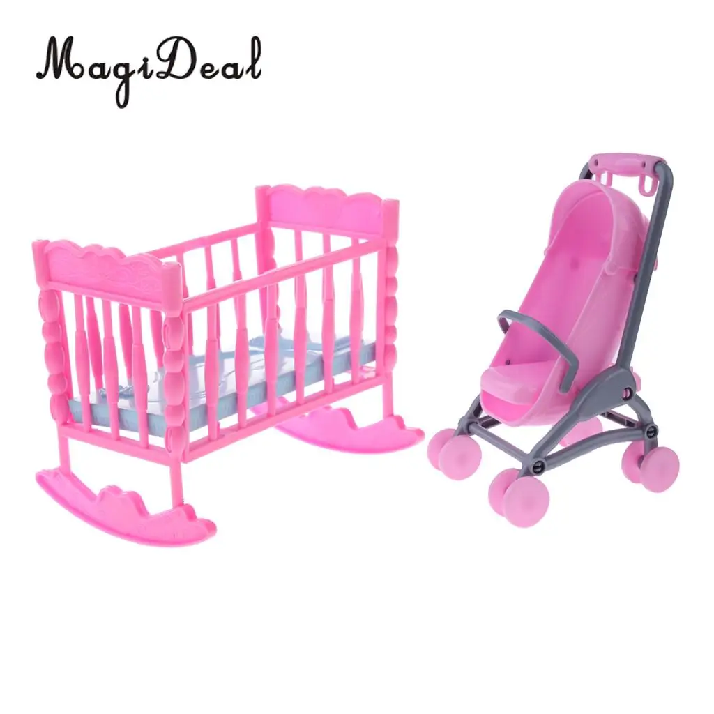 1/6 Pink Dollhouse Miniature Baby Cradle Bed+Stroller Model Furniture Decor for Dolls Accessories Kids Children Pretend Play Toy