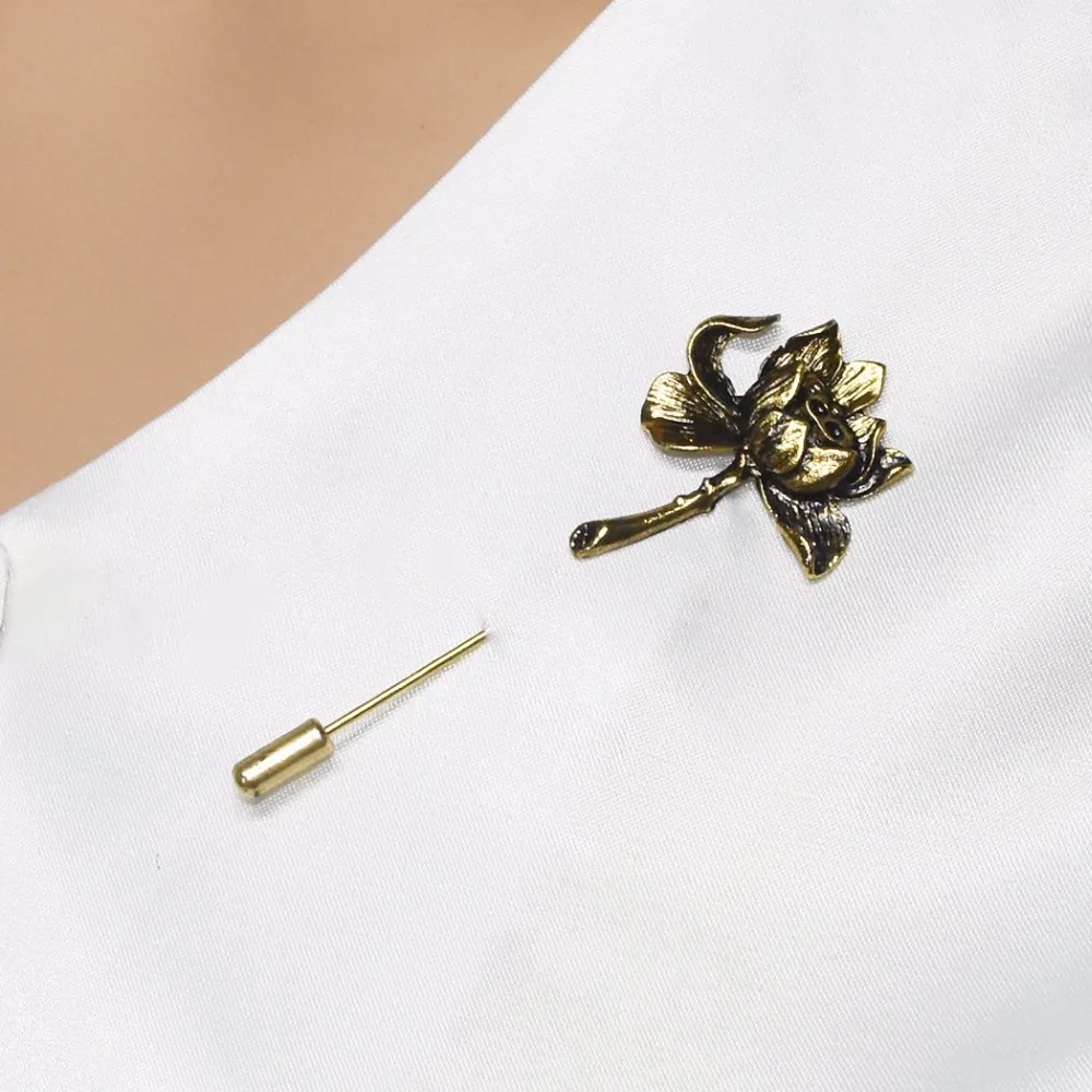 Vintage Gold Silver Color Lotus Pins Brooches For Women Long Flower Lapel Badge Men\'s Suit Collar Wedding Accessories Jewelry