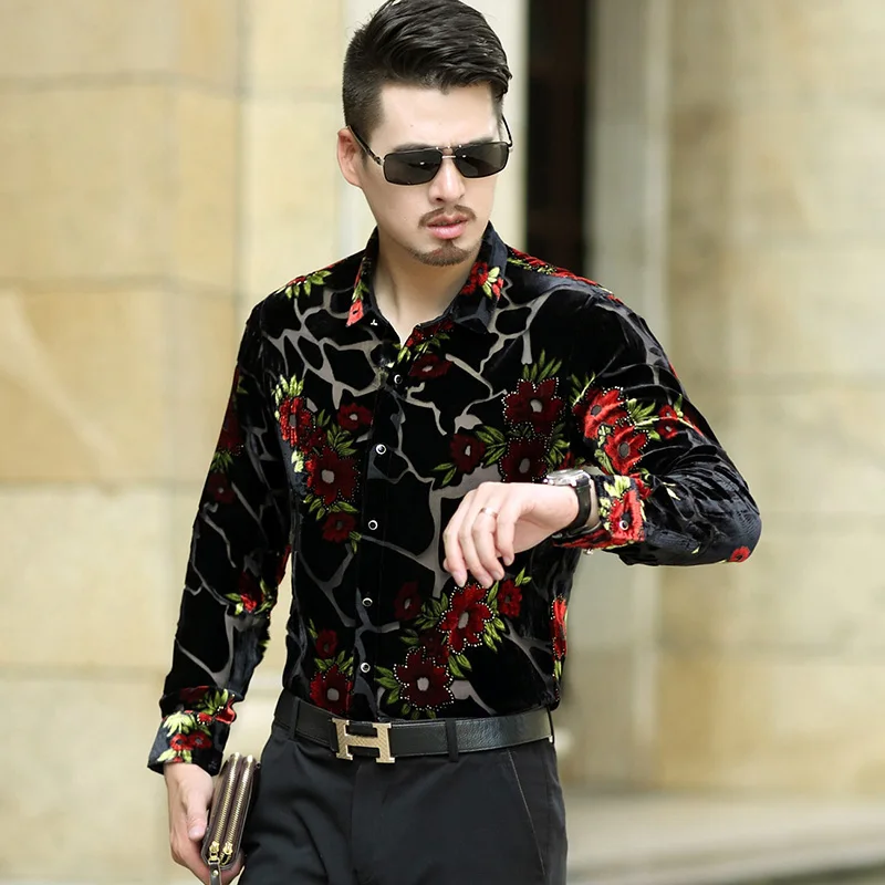 

Man Lace Shirt Spring Long Sleeve Hollow Floral Dresses Male Sexy See Through Clothes Transparent Streetwear Free Shipping