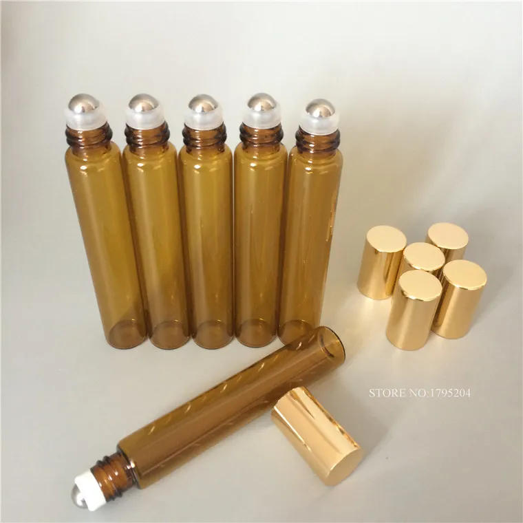 30pcs 10ml (1/3oz) Amber Essential Oils Bottle Glass Roll On bottle Eye Masssge Stainless Steel Roller Ball Free Shipping