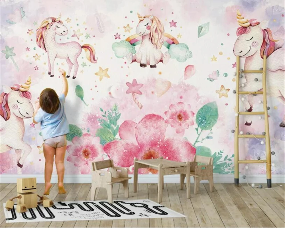 Beibehang Custom Wallpaper Modern Pink unicorn flower children's room background wall papel de parede wallpaper for kids room