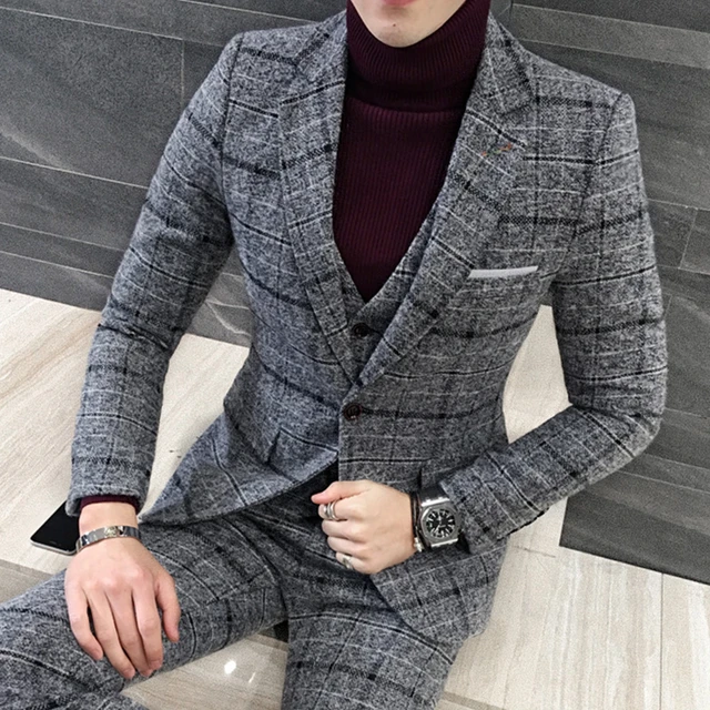 Gwenhwyfar 2024 New 3 Pieces Suits Men British Latest Coat Pant Designs Black Grey Mens Suit Autumn Winter Plaid Tweed Suits AliExpress